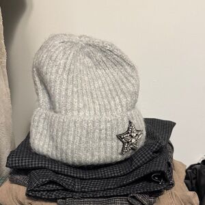 Gray Knit Beanie with Star Embellishment
